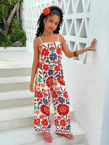 两件套少女碎花吊带背心+宽松长裤套装，适合海滩、度假、夏威夷之旅、亲子装、姐妹合照、公园、露营、派对、日常休闲、假日穿着。 - 珊瑚橙 - 查看 5