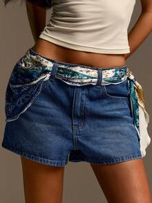 Athîral 女士休闲水洗牛仔短裤，斜插口袋，夏季 - 中等水洗藍 - 查看 1