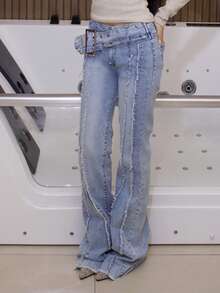 Low Waist Bell-Bottom Jeans With Big Sun Logo Button And Eyelets Big Belt - Light Wash - View 3