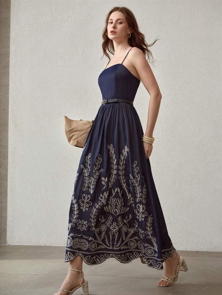 EMBROIDERY PLANTS PATTERN BUCKLE BELTED SLIP DRESS