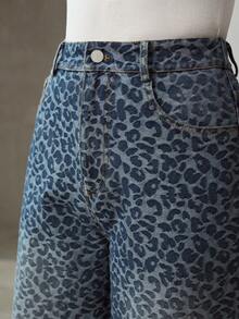 MOTF PREMIUM WOMEN'S FASHIONABLE LEOPARD JACQUARD WIDE LEG JEANS - Blue - View 2