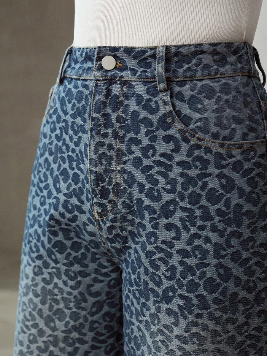 MOTF PREMIUM WOMEN'S FASHIONABLE LEOPARD JACQUARD WIDE LEG JEANS - Blue - View 2
