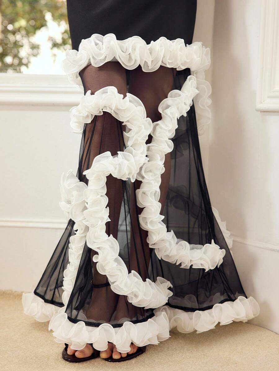 MOTF PREMIUM WOMEN'S U-NECK CONTRAST FLORAL RUFFLE LAYERED DESIGN MERMAID HEM SLIM FIT DRESS - Black - View 2