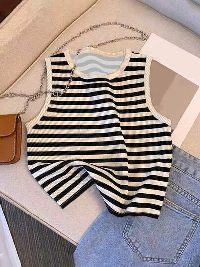 Resyla Randigt Mönster Rund Hals Avslappnad Ärmlös Linne