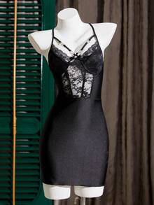 SHEIN Sexy Lace Sheer Waist-Cinching Bodycon Slip Dress For Women - Black - View 7