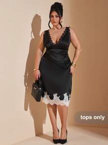 SHEIN BAE Spring And Summer Black Lace Satin Vest Elegant Date Travel Plus Size Vest Plus Size Tops - Black - View 3