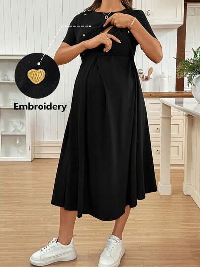 SHEIN Maternity Clothes Maternity Dress Pregnant Women's Casual Heart Embroidery Twist Nursing Dress, Summer Black