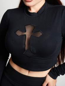 Lupita Cardoza Rave Festival Outfits Women Shirts Women's Crew Neck Cross And Mesh Splice Long Sleeve Tight-Fit T-Shirt - Black - View 5