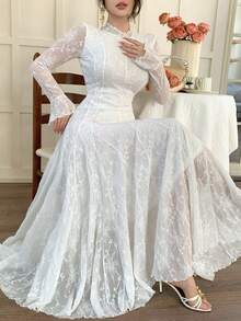 DAZY Women's Lace Fabric Waist Cinched A-Line Flare Sleeve Long Sleeve Elegant Fitted Dress - White - View 5