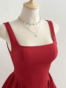 Elamini Romantic French Style Red Vacation Dress, Sleeveless, Waist Cinched, Slimming, Elegant Retro Square Neck Party Mini Dress, Spring/Summer - Burgundy - View 5