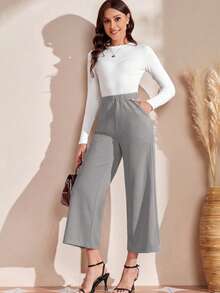 EMERY ROSE Women's Solid Color Elastic Waist Wide Leg Loose Casual Pants Grey Pants - Light Grey - View 4