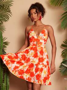 Women's All-Over Print Ruffle Hem Casual Vacation Cami Mini Dress - Multicolor - View 4