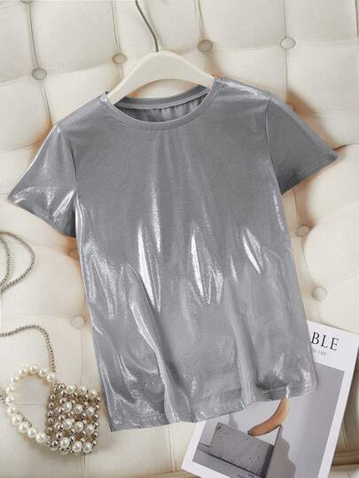 Franclia Elegant & Charming Mermaid Shiny Round Neck Short Sleeve T-Shirt Gray Top Silver Crop Top Silver Shirt Silver Top Women Metallic Top Silver Metallic Top Silver Tops For Women Women Short Sleeve Tops