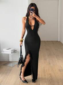 Coolane Women's Spring/Summer Chic Casual Vacation Outfits Music Festival Date Night Party Stretchy V-Neck Halter Backless Ruffle Long Dress - Black - View 5