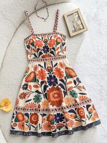 SHEIN 儿童夏季服装，柔软舒适的少女定位复古碎花休闲度假连衣裙，波西米亚风露背，褶皱无袖吊带常规版型短款印花连衣裙，撞色拼接，碎花，复古吊带短裙，春夏休闲日常无袖连衣裙，夏季连衣裙，吊带裙，碎花连衣裙，女士吊带裙，度假吊带裙 - 杏色 - 查看 7