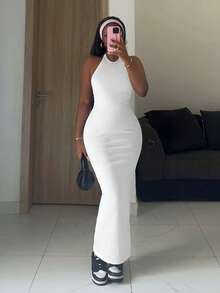 Slaydiva Spring/Summer New Y2K Street Style Sexy Dress - Sexy, Party, Dinner, Date, Nightclub, Nightlife, Travel, Airport, Street Style, Y2K, Party, Vacation - Basic Backless Fitted Long Dress - A - White - View 2