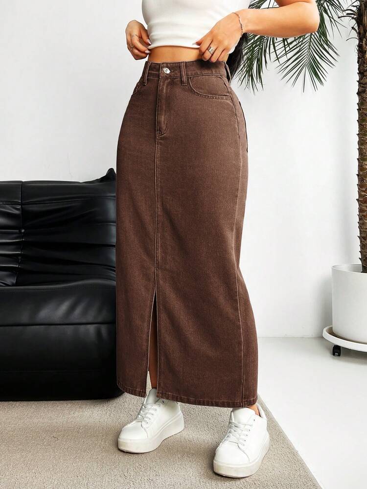 EMERY ROSE Women's Pocketed Split Hem Long Casual/Work Denim Midi Skirt Brown Denim Skirt Long Jean Skirt Long Skirt With Slit Women's Skirt Brown Maxi Skirt - Coffee Brown - View 6