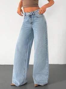 SHEIN Cottnline Women's High Waist Pocketed Wide Leg Loose Casual Versatile Jeans City Break Light Blue Summer - Baby Blue - View 4