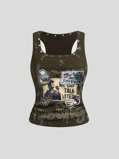 ROMWE Grunge Punk Grunge风格做旧复古朋克金属铆钉刺绣贴片紧身女式背心