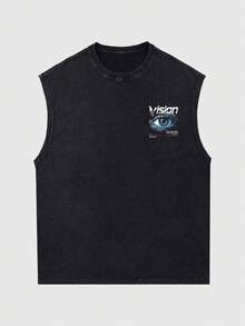 ROMWE MEN Street Life Men's Washed Vintage Distressed Sleeveless Tank Top, Summer High Street Style Spring/Summer - Black - View 2