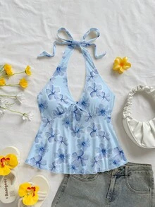 Soleia 女士休闲度假V领蝴蝶结露背吊带娃娃衫，适合夏季度假 - 藍色 - 查看 3