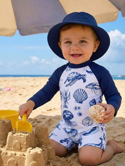 SHEIN Baby Boy/Girl Colorblock Cute Ocean Shell Print Long Sleeve Rash Guard Swimsuit, Suitable For Spring, Summer, Autumn, Winter Outdoor, Travel, Beach, Pool, Party, Surfing, Sun Protection