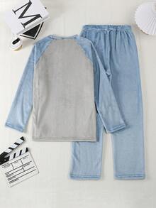 2 pièces/Set Sweat-shirt et pantalon de détente en polaire douce pour garçons adolescents, style décontracté avec manches raglan et blocs de couleurs, automne/hiver - Multicolore - Voir 2