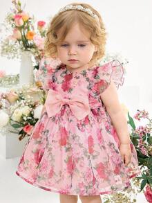 SHEIN Babygirl Elegant & Cute Pink Floral Print Organza Cap Sleeve Dress - Pink - View 3