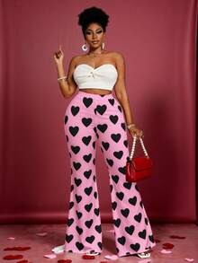 Maweii Quần ống loe in hình trái tim thời trang cỡ lớn dành cho tiệc tùng - Hồng - Xem 5