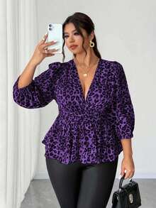 Elenzga Plus Size Casual Leopard Print V-Neck Short Sleeve Ruffle Hem Blouse - Purple - View 3