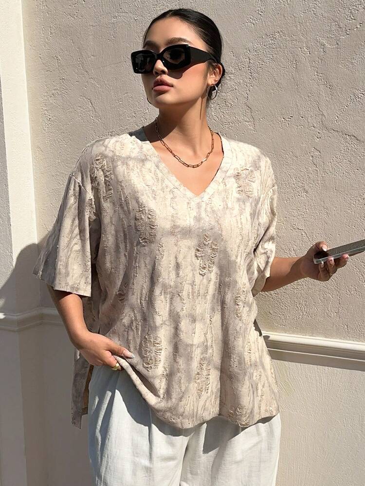 Dazy Plus Distressed V-Neck Loose Short Sleeve Plus Size Women T-Shirt, Street Style, Spring/Summer