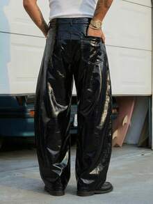 AXEPEAK 男士休闲时尚街头宽松PU皮阔腿裤 - 黑色 - 查看 2