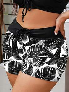 Swim Lushoire Plus Size Solid Color Patchwork Leaf Print High Waist Drawstring Swim Trunks, Minimalist Fashion Beach Vacation Swimwear Bottom - Multicolor - View 3