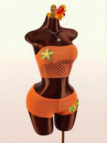 Amplova 女士橙色抹胸两件式泳衣，带罩衫，性感时尚，适合度假，花卉拼接撞色设计 - 彩色 - 查看 6