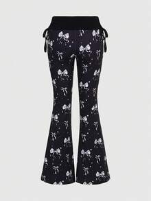 ROMWE Bộ 2 món: Áo hai dây in hình cánh chim hoạt hình dễ thương và quần ống loe cạp thấp. - màu đen - Xem 8