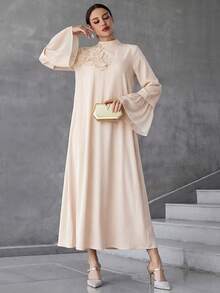 Al Najma Vestido elegante estilo árabe con mangas abullonadas y adorno floral para mujer, vestidos árabes, modestos - Albaricoque - Ver 4