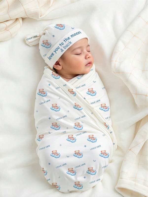 SHEIN 2Pcs Set Newborn Boy Photography Swaddle Wrap With Matching Hat Car Balloon Printed Blanket For Photo Shooting Newborn Photo Props