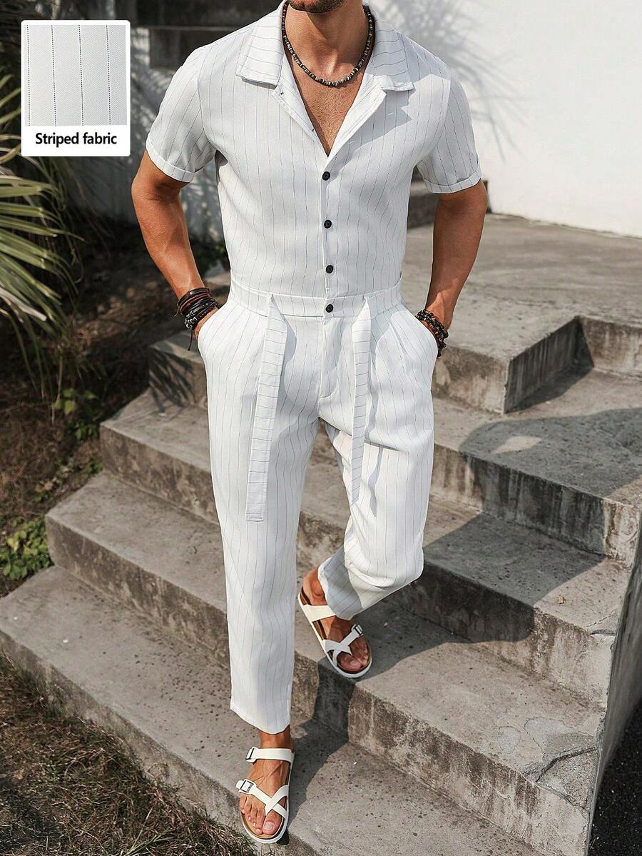 VENTUSAIL Men's Summer Casual Striped Button-Up Short Sleeve Jumpsuit - White - View 1