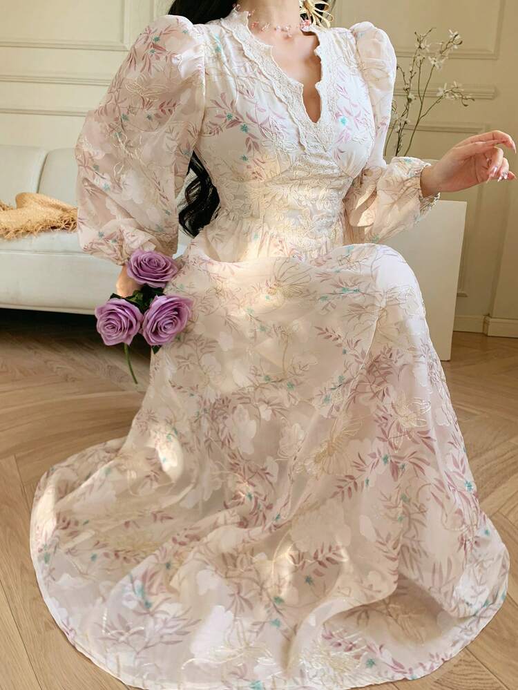 Women's V-Neck Lace Patchwork Floral Embroidered Elegant Long Waist Cinched Dress Sundress