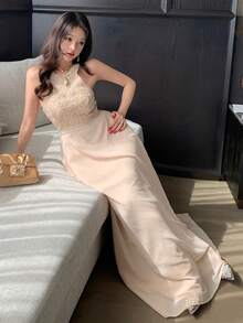 DAZY Women's Textured Fabric Splice Halter Neck Sleeveless Elegant Dress - Apricot - View 8