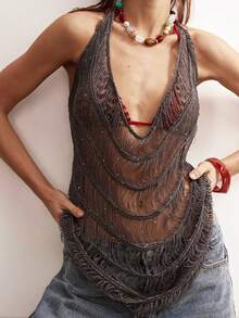 Bohemela Women's Fashionable Sexy Backless Tie-Up Halter Top, Summer - Grey - View 1