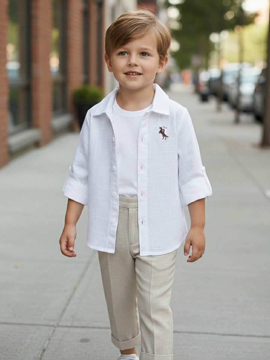 1pc Toddler Boys' Gentleman Style White Textured Long Sleeve Button-Up Shirt, Woven Cotton Bamboo Fiber Textured Fabric, Classic Collar Design, 5 White Buttons On Front, Left Chest Embroidered Polo Player Logo, Suitable For Casual, Holiday, Outing, Can Be Paired With Suit Jacket And Trousers - White - View 1