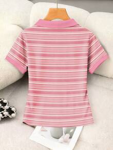 Rovax 女士条纹爱心印花休闲Polo领短袖上衣 - 白色 - 查看 2