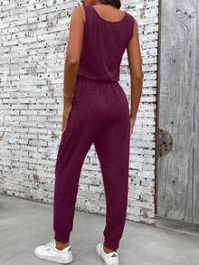 EMERY ROSE Bộ jumpsuit không tay cổ tròn, túi xéo, màu trơn, kiểu dáng thường ngày, đa năng. - Màu Đỏ Sâu - Xem 2