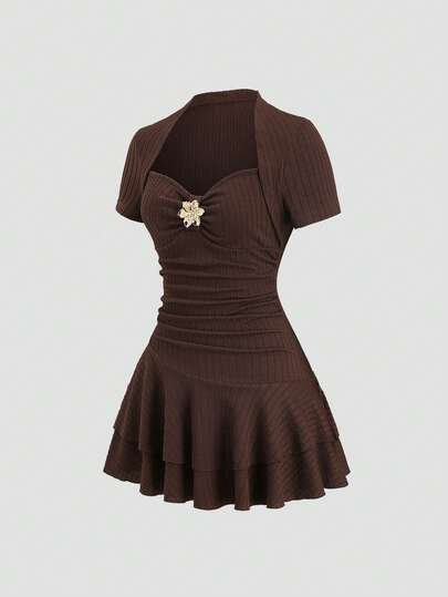 Sweetra French Retro Commuter Pleated Bust Short Sleeve Cake Mini Skirt Sexy Cinched Waist A-Line Vacation Dress For Women, Spring/Summer/Autumn