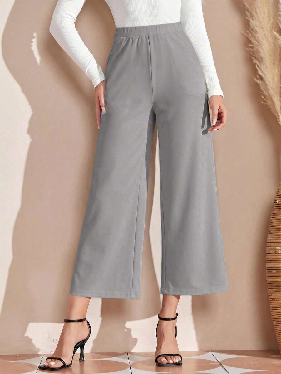EMERY ROSE Women's Solid Color Elastic Waist Wide Leg Loose Casual Pants Grey Pants - Light Grey - View 1