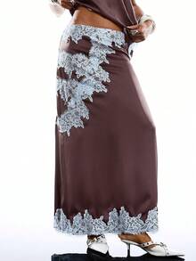 LYSMO Chân váy nữ dáng suông cạp thấp phối ren tương phản phong cách vintage, thích hợp mặc hàng ngày. - Cà phê nâu - Xem 3