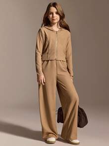 SHEIN 2pcs Tween Girls Knit Lightweight Sun Protection Casual T-Shirt Jacket And Wide Leg Pants Set, Suitable For Spring/Summer Everyday Casual Wear - Khaki - View 5