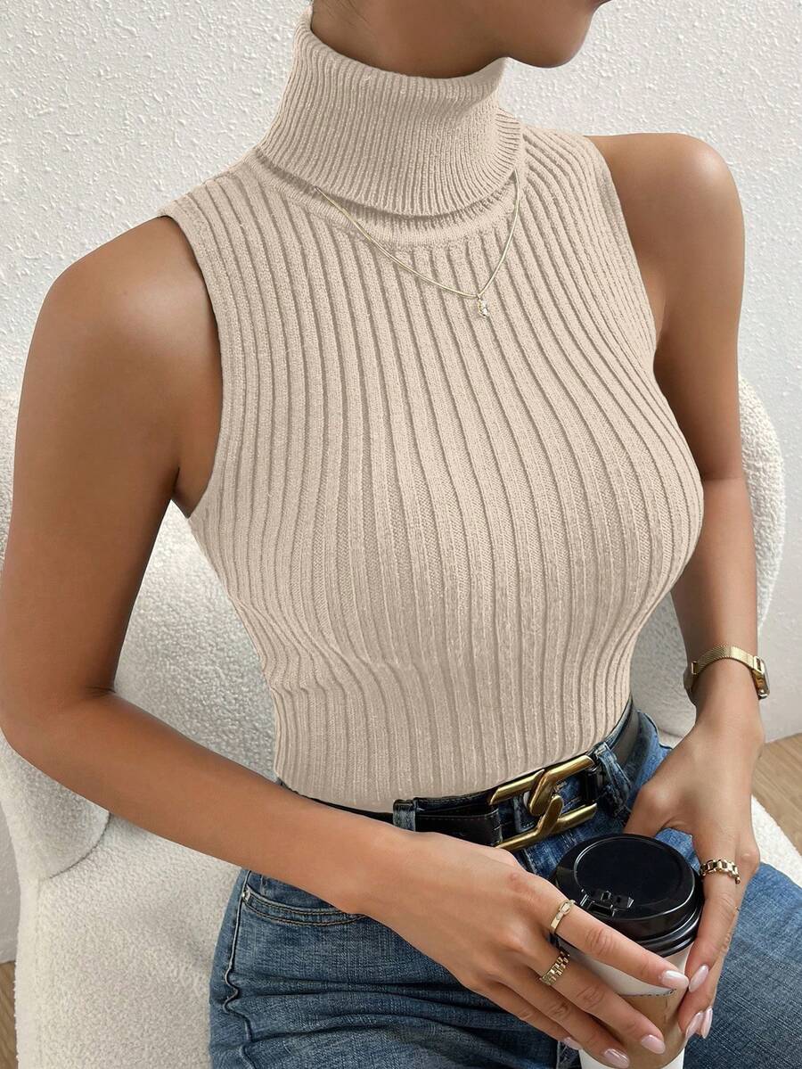 SHEIN Unity Women's Solid Color Turtleneck Fitted Versatile Knit Top - Apricot - View 1