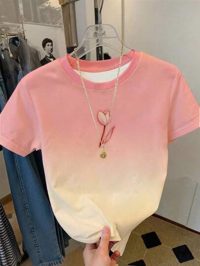 Teen Girls Sweet Gradient Tulip Print Round Neck Short Sleeve T-Shirt, Versatile For Daily Wear, Suitable For Spring, Summer, Autumn, Comfortable And Suitable For Street, Home, Daily Life, Pink Floral Fitted Cropped Design For Women And Girls